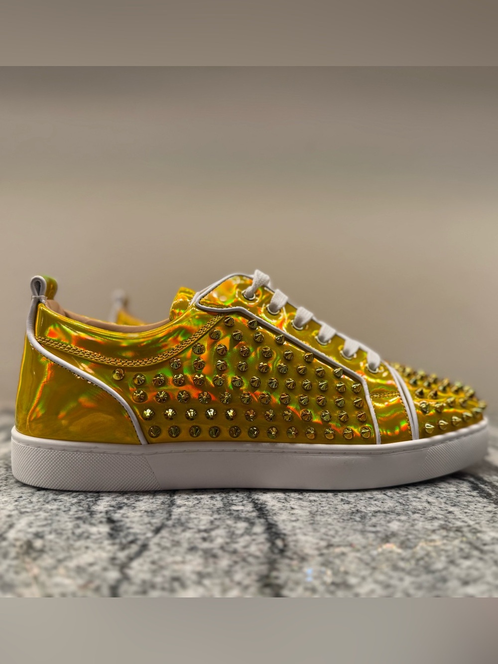 Christian Louboutin Louis Junior Spikes Gold Holographic Sneakers US 12/UK 45 - Picture 2 of 6